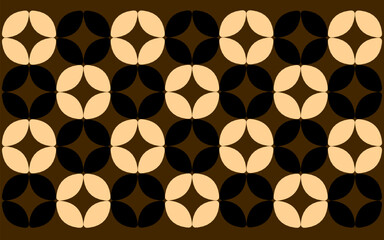 seamless pattern with wood texture. Classic geometric pattern resembling traditional Indonesian Batik Ceplok, featuring alternating black and light cream interlocking petal shapes on a rich brown bg