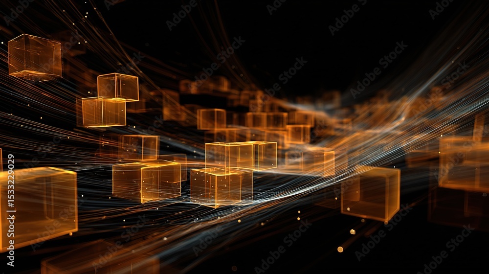 Poster modern digital abstract 3d background with floating cubes and flows