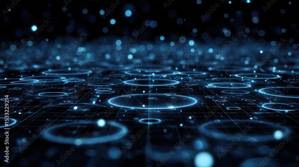 Poster blue circles streaming data into cyberspace grid background