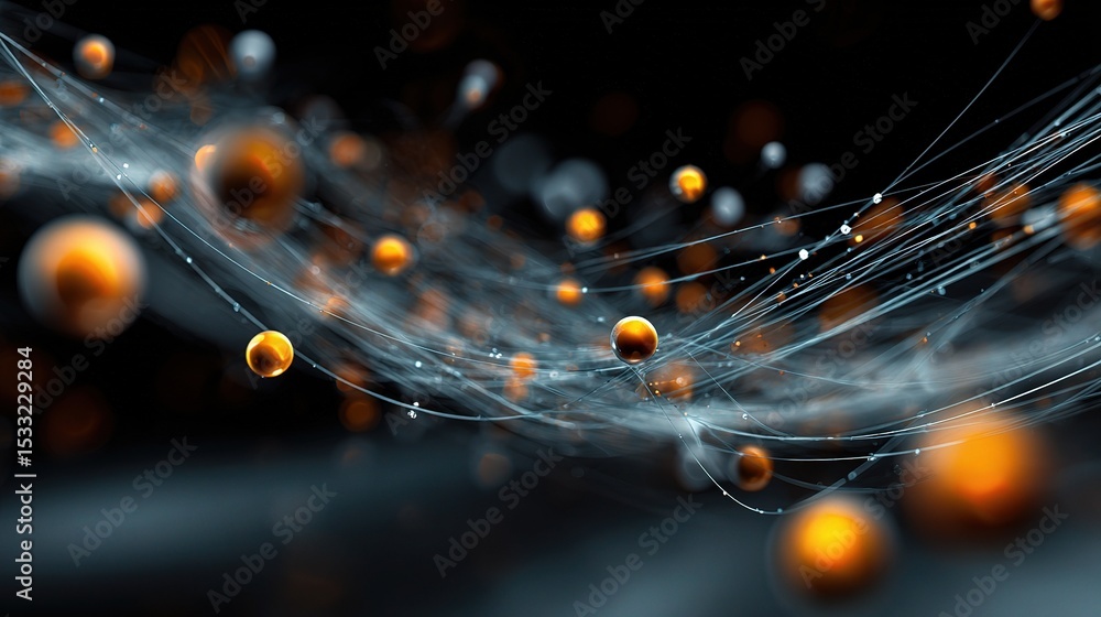 Poster abstract tech background with floating spheres and lines of light