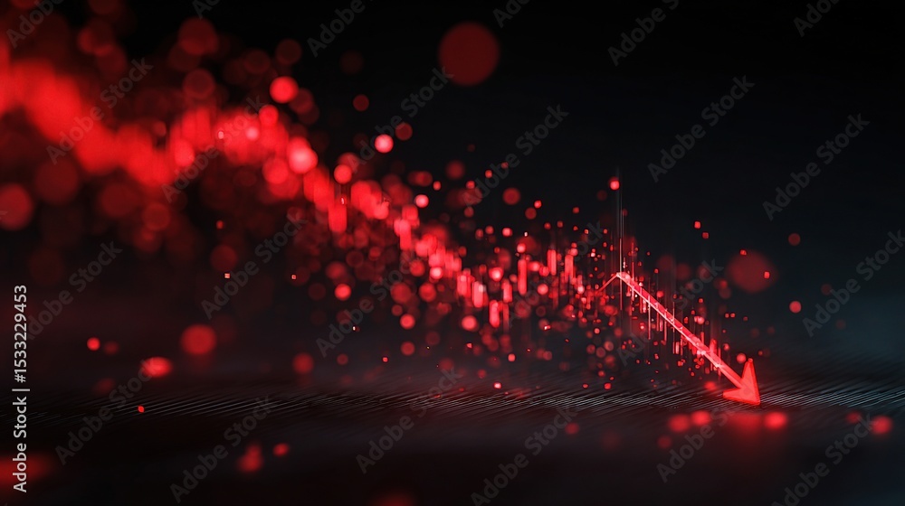Poster stylized red arrow with falling curve on dark background