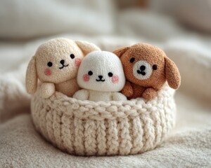 Three Adorable Knitted Puppy Toys in a Cream Basket