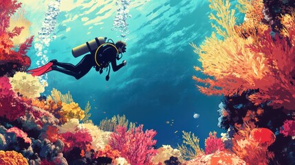 A scuba diver explores a vibrant coral reef underwater environment