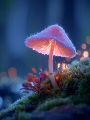 Glowing Pink Mushroom in Dark Forest at Night