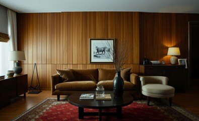 A warm and inviting living room adorned with a wooden wall panel a stylish velvet sofa a round coffee table a brown sideboard a vase of dried branches a beige lamp and personal accessories cre