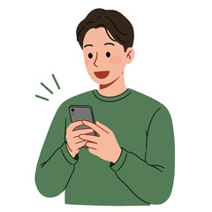 Happy man holding smartphone and using mobile app. Vector illustration of person with phone for communication.