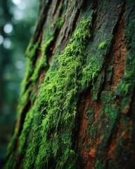 Closeup of Vibrant Green Moss on Tree Bark