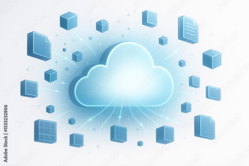 Poster cloud computing with data cubes and file icons on a white background