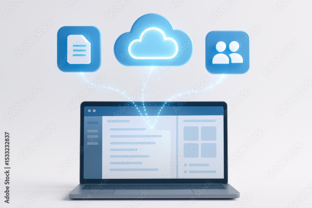 Poster laptop showing cloud computing with document and user icons above it
