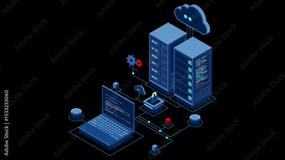 Fototapete cyber data security. internet security isometric concept. server room connected with laptop through 