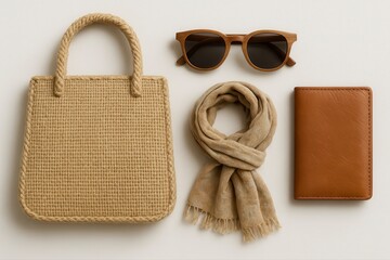 Flat lay of a woven bag sunglasses scarf and wallet on a white surface