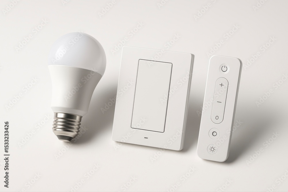 Poster a lightbulb switch and remote control on a white surface in a studio
