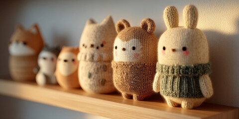 Adorable Knitted Animal Toys on Wooden Shelf