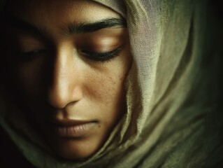 Close Up Portrait of a Pensive Woman in a Beige Hijab
