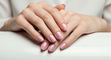 Fototapeta premium Elegant Pink Nail Design Subtle Shimmer and Minimalist Gold Accents