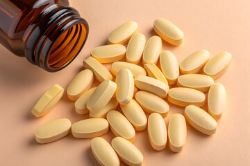 Close up of yellow capsules spilled from a brown bottle on a smooth yellow surface