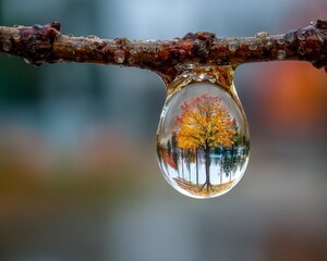 Autumn Tree Reflected in a Frozen Water Droplet