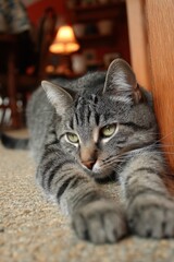 Grey Tabby Cat Relaxing on Carpet