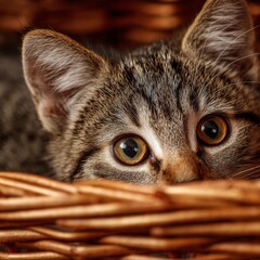 Closeup of a Brown Tabby Kitten Peeking from a Wicker Basket