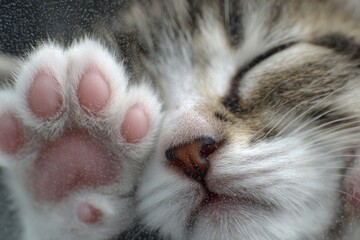 Closeup of a Sleeping Kitten's Pink Paws and Face