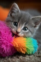 Playful Gray Kitten with Colorful Toy
