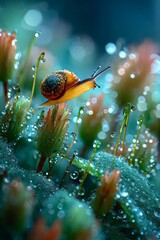 Snail on Dew-Covered Moss in Vibrant Teal and Orange