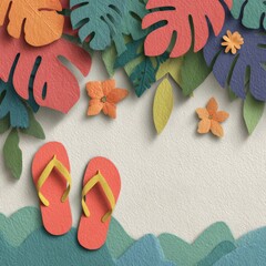 Colorful Paper Tropical Leaves and Flowers on Sandy Beach