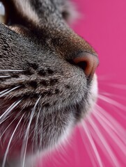 Closeup Profile of a Brown Tabby Cat Against Pink Background