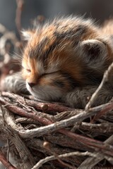 Adorable Fluffy Brown Kitten Sleeping in a Twigs Nest