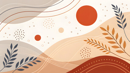 Modern abstract white and brown background with gray, beige, terracotta, ocher, red spots, lines, dots, shapes, circles