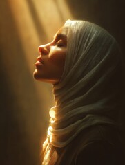 Woman in Profile Wearing Glittering Veil, Golden Light Portrait