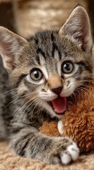Playful Brown Tabby Kitten with Teddy Bear