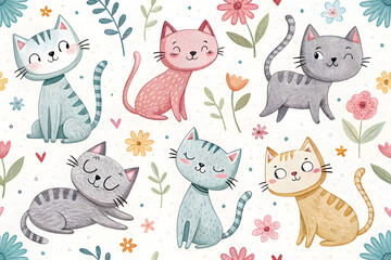 Seamless pattern with cute funny cats in different poses. Multi colored cats drawn with pencil or chalk on a white background