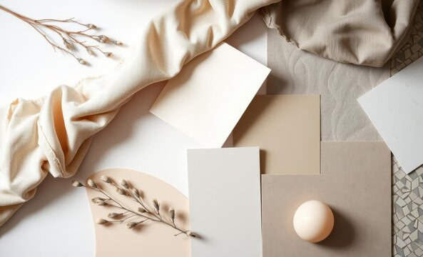 A stylish flat lay composition a designer's moodboard features a palette of soft beige and gray tones against a white backdrop Textiles paint samples panels and cement tiles are artfully arrange