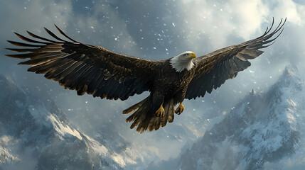 Fototapeta premium Majestic bald eagle soaring through a snowy mountain landscape.