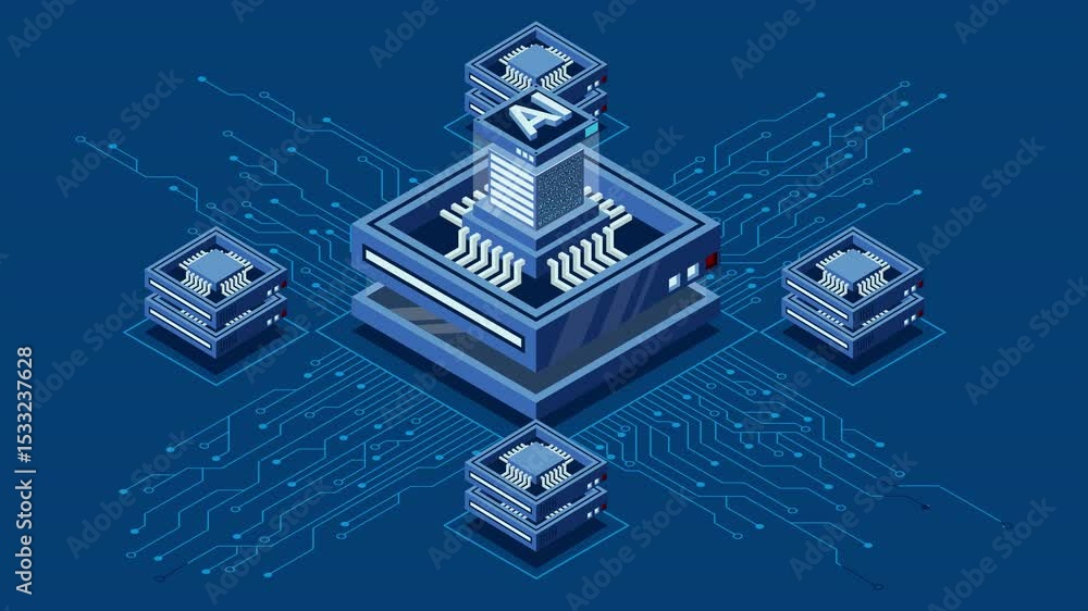 Poster isometric artificial intelligence chip animation. artificial intelligence concept. futuristic microc
