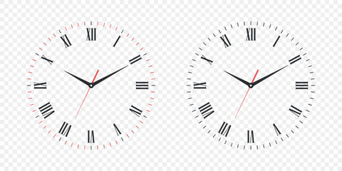 Vector Clock Face Set with Roman Numerals. Vector Clock Face Illustration with Hour, Minute and Second Hands. Isolated Classic Clock Face Design for Time Concept, Education, Decor and Watch Mockup