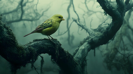Fototapeta premium A small, vibrant yellow bird perched on a gnarled, mossy branch in a misty forest.