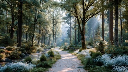 Fototapeta premium Sunlit forest path with golden rays through trees, a serene nature escape