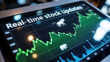 Real time stock updates displayed on a tablet screen with bull and bear market indicators visible too