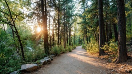 Obraz premium Sunlit forest path with golden rays through trees, a serene nature escape