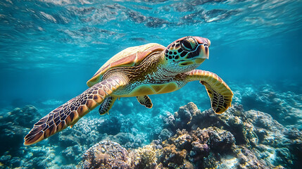 Fototapeta premium A sea turtle gracefully swims through vibrant coral reefs.