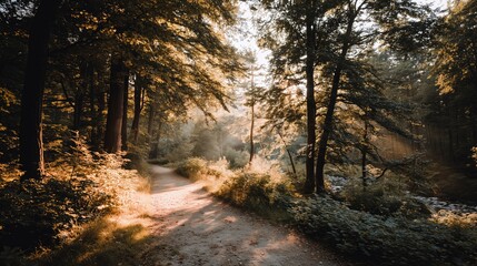 Obraz premium Sunlit forest path with golden rays through trees, a serene nature escape