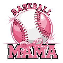 Pink Baseball Mama with Bow and Rhinestones Sublimation Graphic on Transparent Background