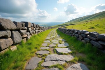 Jagged limestone pavement, drystone walls, Yorkshire Dales erratic , scenic, formation