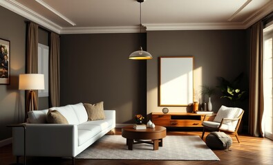 A meticulously designed living room boasting a pristine white sofa a warm wooden console a mock-up poster frame a pendant lamp casting a soft glow and personal touches that add warmth and persona