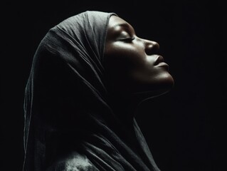 Serene Woman in Hijab Profile Portrait Dark Background