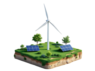 Wind turbine and solar panels on a grassy terrain with trees against a black background scene render