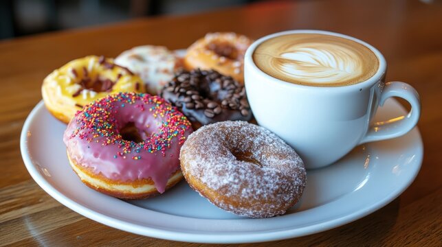 A plate of donuts with a cup of coffee is presented