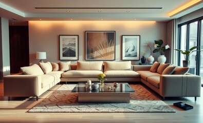 A sleek contemporary living room unfolds its focal point a plush modular boucle sofa a glassy coffee table reflecting the ambient light and mock-up poster frames adorned with artistic accents  E